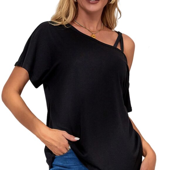 Off Shoulder with Straps Short Sleeve Black Tee Shoulder - Picture 5 of 5